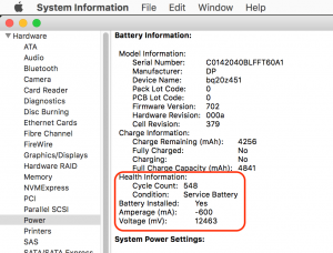 System information will show under the "power" section the condition as well as the battery cycles count